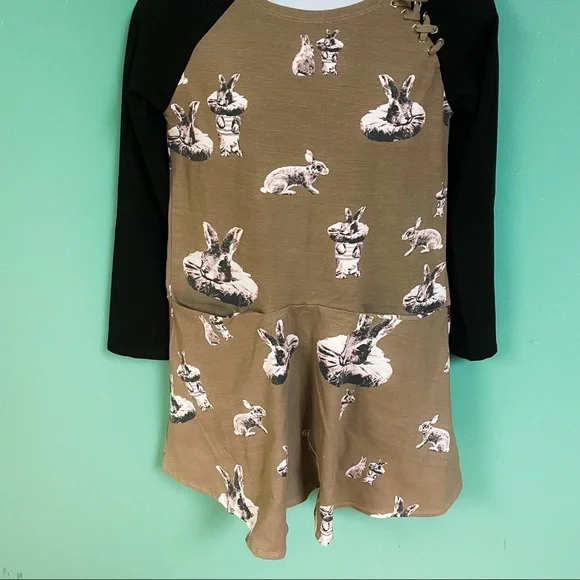 Art & Eden Black & Khaki Green Long Sleeve Bunny Graphic Skater Dress Girls 8